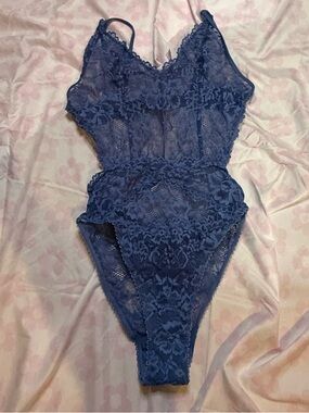 Savage X Fenty Navy Blue Lace Sheer V-Neck Bodysuit